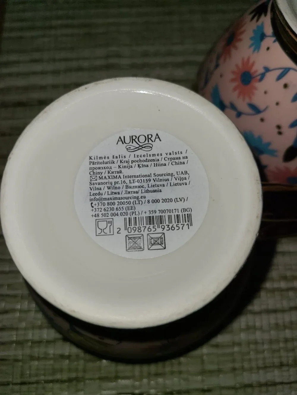 Pair of Aurora Maxwell Int'l Ceramic Porcelain Mugs Blue Pink Gold Tone Trim